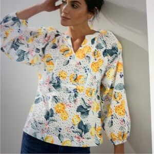 Chico’s Lemon Print Eyelet Top NEW